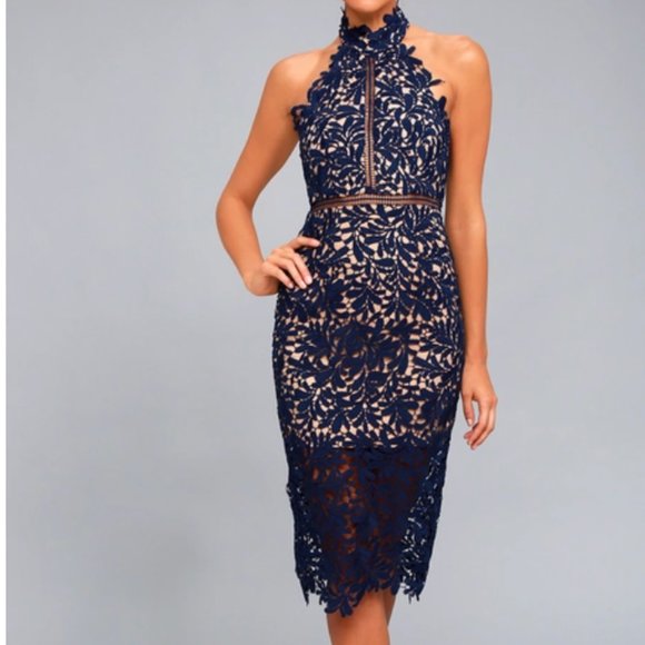 navy blue lace bodycon dress